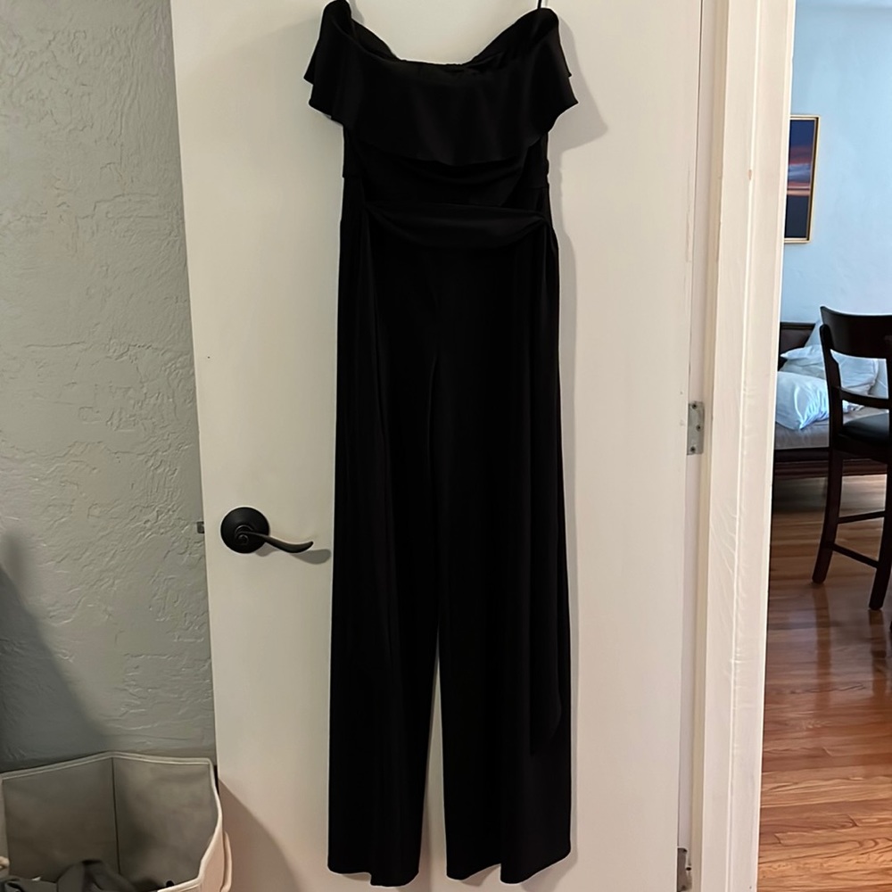Black strapless ruffle top wide leg jumpsuit